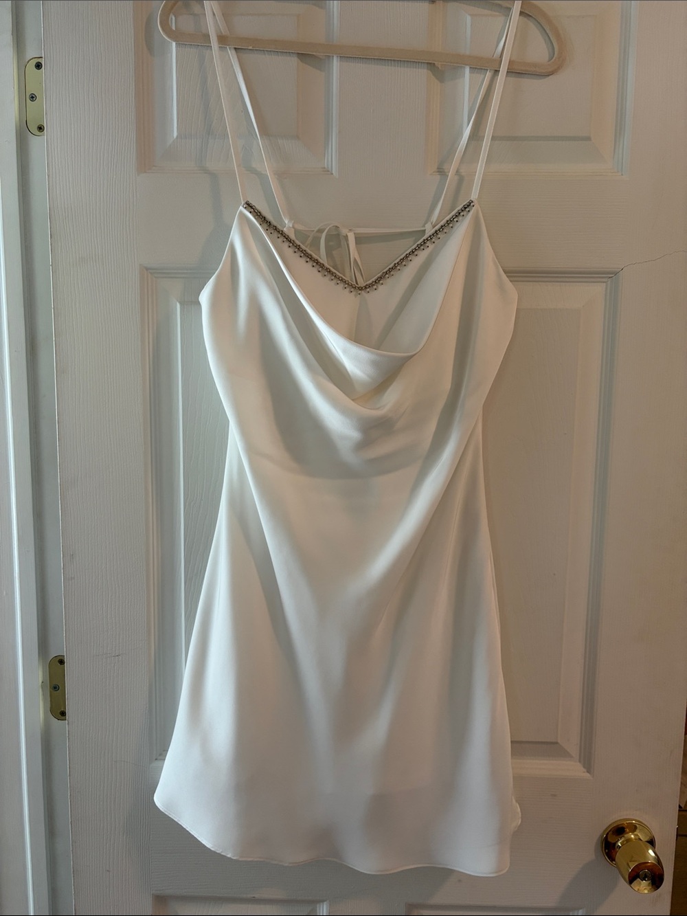 Lulu's White Satin Cowl Neck Mini Dress with Beaded Trim